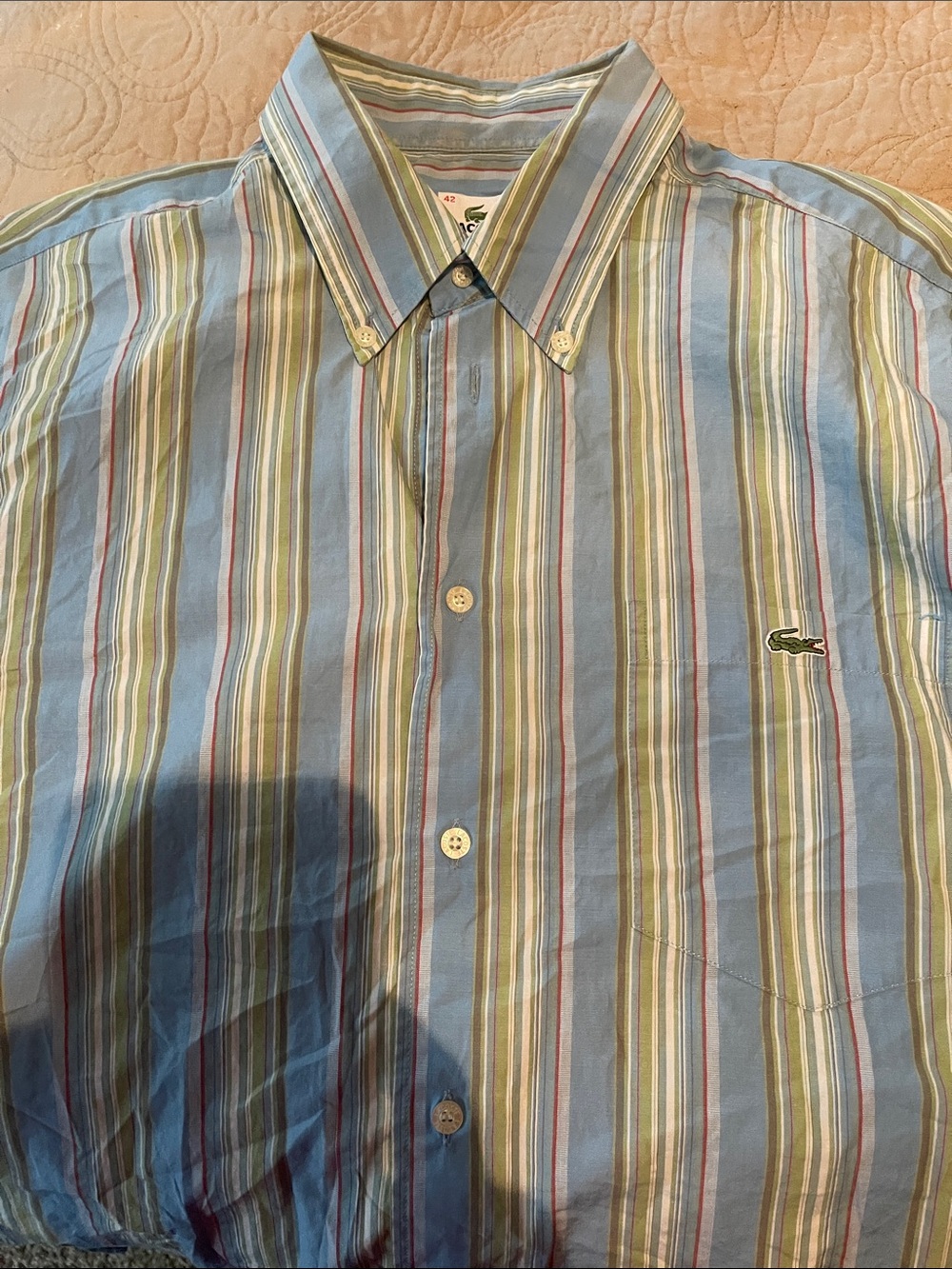 Lacoste Men’s Blue Striped Button-Down Shirt with Green Accents